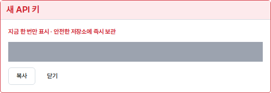 발급 직후 한 번만 보이는 키 원문(값은 가림)